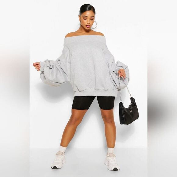 Boohoo Plus Slash Neck Balloon Sleeve Sweatshirt/jumper Size 14 in Grey Nwt - Picture 1 of 7